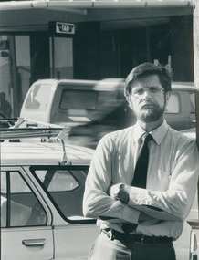 Photograph, Rev. Peter Blackwood blocks off the TAB, 28/09/1986