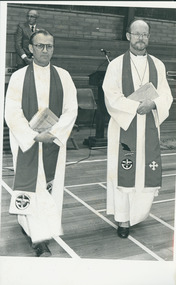 Photograph, Moderator the Rev. Ron Upson and Moderator Elect the Rev. Brian Giddings arrive at Synod, 1986