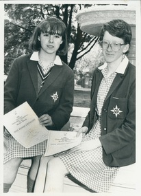 Photograph, Top prize winners of the 1986 Mathematics Competition Alexandra Kent and Michelle Poke, 1986
