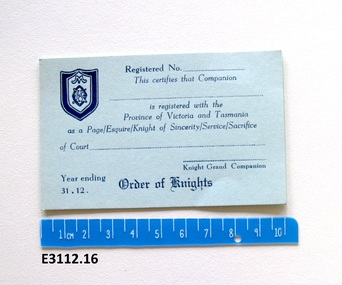 Card - Methodist Order of Knights, Annual Registration card