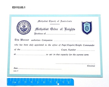 Certificate - Methodist Order of Knights, Warrant