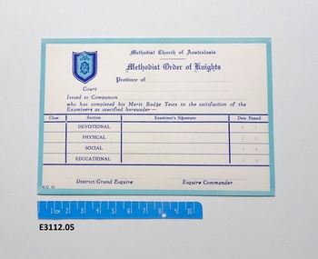 Certificate - Methodist Order of Knights, Merit Badge Tests