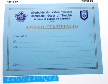 Certificate - Methodist Girls' Comradeship Methodist Order of Knights Province of Victoria and Tasmania, Award certificate