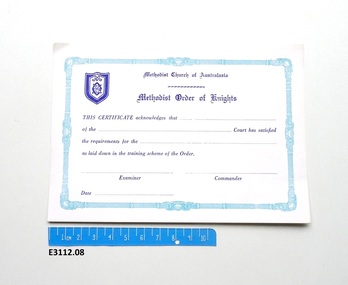 Certificate - Methodist Church of Australasia Methodist Order of Knights, Companion certificate