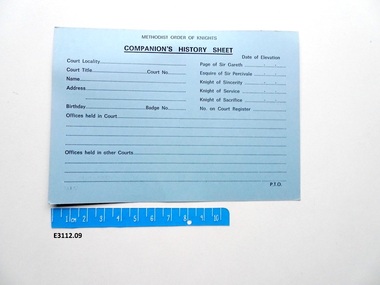 Card - Methodist Order of Knights, Companion's history sheet