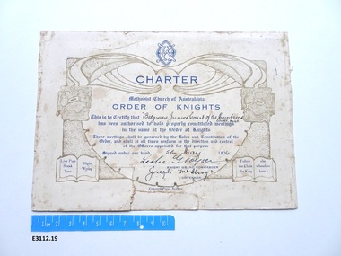 Certificate - Order of Knights, Epworth Press, Charter Belgrave Junior Court of the Mountains No 48