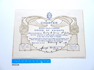 Certificate - Order of Knights, Epworth Press, Charter Court of the Governor Nth Geelong