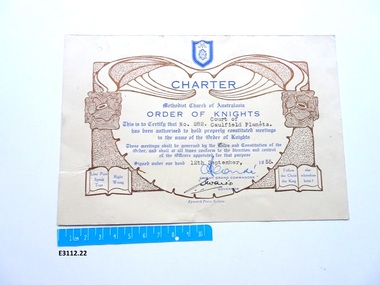 Certificate - Order of Knights, Epworth Press, Charter Court of Caulfield Planets 282