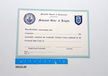Certificate - Methodist Order of Knights, Leadership Training Course