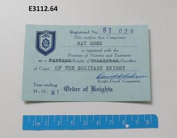 Certificate - Order of Knights Province of Victoria and Tasmania, Knight of the Court of the Solitary Knight certificate