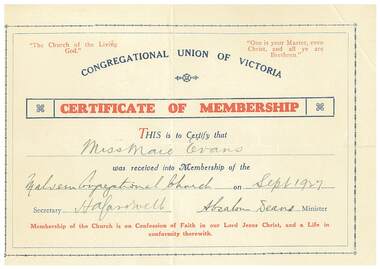 Certificate, Congregational Union of Victoria Certificate of Membership
