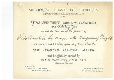 Document - Invitation, Methodist Homes for Children New Domestic Economy School