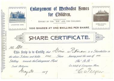 Document - Share Certificate, Enlargement of Methodist Home for Children share certificate 1907