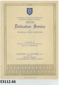 Programme - Methodist Church of Australasia Methodist Order of Knights, Methodist Church of Australasia Methodist Order of Knights Sixth Dedication Service 1945, 1945