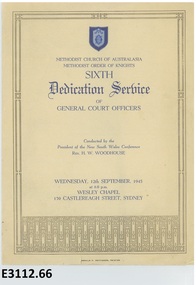 Programme - Methodist Church of Australasia Methodist Order of Knights, Donald F Pettigrew, Methodist Church of Australasia Methodist Order of Knights Sixth Dedication Service 1945, 1945