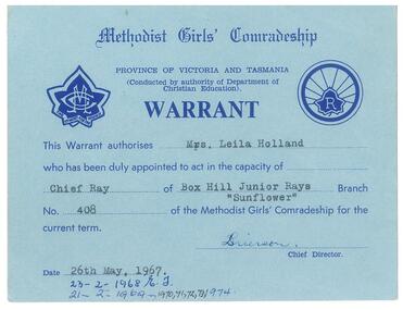 Certificate - Warrant, Methodist Girls Comradeship warrant