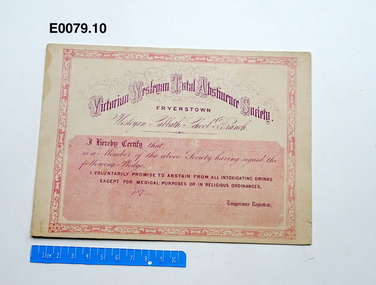 Certificate, Victorian Wesleyan Total Abstinence Society, c1870
