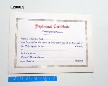 Certificate - Baptismal certifcate, Congregational Church