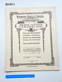 Certificate - Dedication certificate, Presbyterian Church of Australia Sunday School Teachers Dedication Certificate