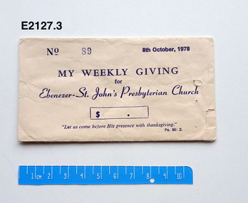 Offering envelope, My weekly giving for Ebenezer-St John' Presbyterian Church, 1978