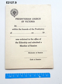 Certificate - Eldership certificate, Presbyterian Church of Victoria Eldership certificate