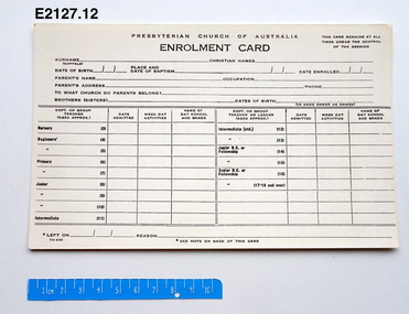 Card - Enrolment card, Presbyterian Church of Australia Sunday School enrolment card