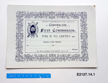 Certificate - First communion, Presbyterian Church of Australia First Communion