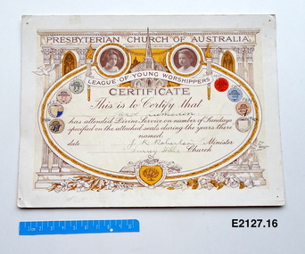 Certificate - League of young worshippers, Presbyterian Church of Australia League of Young Worshippers certificate