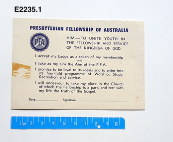 Card - Pledge card, Presbyterian Fellowship of Australia