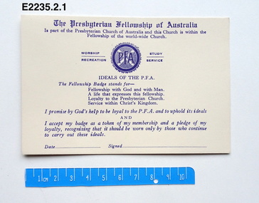Card - Pledge card, The Presbyterian Fellowship of Australia