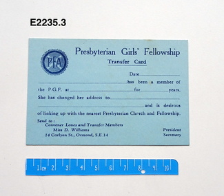 Card - Transfer card, Presbyterian Girls' Fellowship