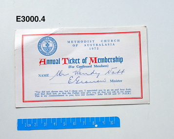 Card - Annual ticket, Methodist Church of Australasia