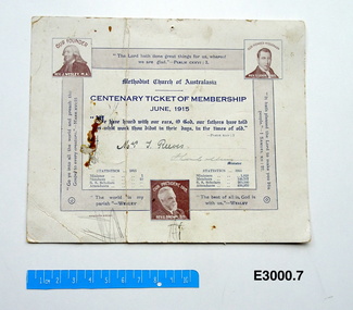 Centenary membership ticket, Epworth Press, Methoidst Church of Australasia  Centenary Ticket of Membership 1915