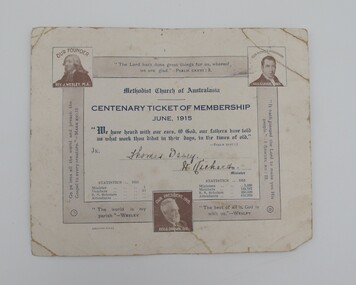 Centenary membership ticket, Epworth Press, Methoidst Church of Australasia  Centenary Ticket of Membership 1915