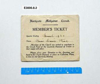 Card - Member's Ticket, Northcote Methodist Circuit member's ticket
