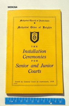 Small yellow covered booklet with Methodist Order of Knights symbol in black and black text.