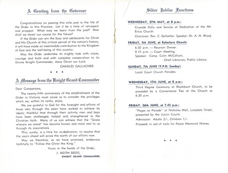 This page has a greeting from the Governor, Charles Gallacher; A message for the Knight Grand Commander, J Keith Beers and Silver Jubilee Functions.