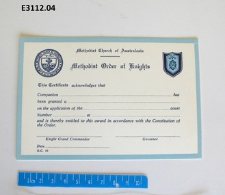 Certificate - Methodist Order of Knights, Companion Award Certificate