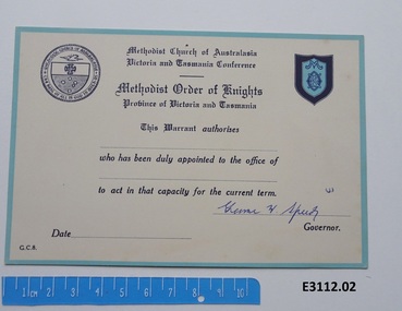 Certificate - Methodist Order of Knights Province of Victoria and Tasmania, Term Warrant