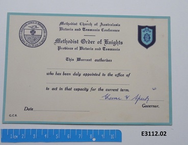 Certificate - Methodist Order of Knights Province of Victoria and Tasmania, Term Warrant