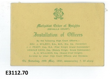 Document - Invitation, Methodist Order of Knights Benalla Court Installation of Officers