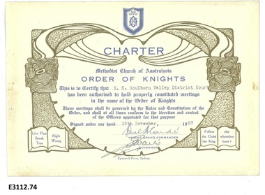 Certificate - Methodist Order of Knights, Charter Court N.E. Goulburn Valle District Court