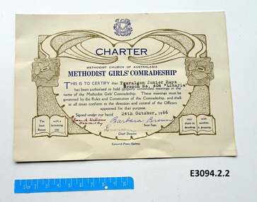 Certificate - Methodist Girls' Comradeship, Epworth Press, Charter Traralgon Junior Rays Linaria 404, 1966