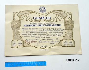 Certificate - Methodist Girls' Comradeship, Epworth Press, Charter Traralgon Junior Rays Linaria 404, 1966
