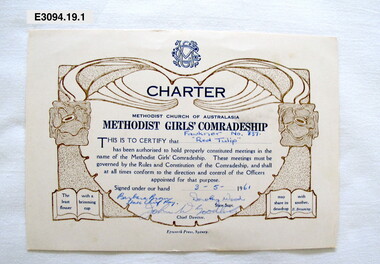 Certificate - Methodist Girls' Comradeship, Epworth Press, Charter Fawkner Red Tulip 337, 1961