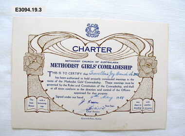 Certificate - Methodist Girls' Comradeship, Epworth Press, Charter Traveller's Joy 292, 1958