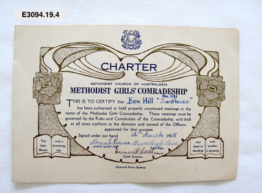 Certificate - Methodist Girls' Comradeship, Epworth Press, Charter Box Hill Sunflower 391, 1965