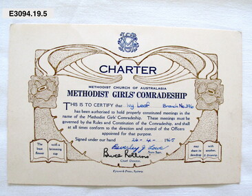 Certificate - Methodist Girls' Comradeship, Epworth Press, Charter, 1965