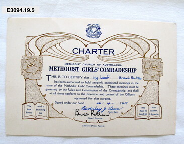 Certificate - Methodist Girls' Comradeship, Epworth Press, Charter Ivy Leaf 396, 1965