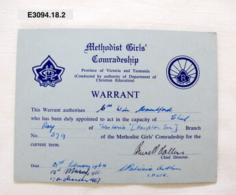 Certificate - Methodist Girls' Comradeship Warrant, Mrs Win Mountford